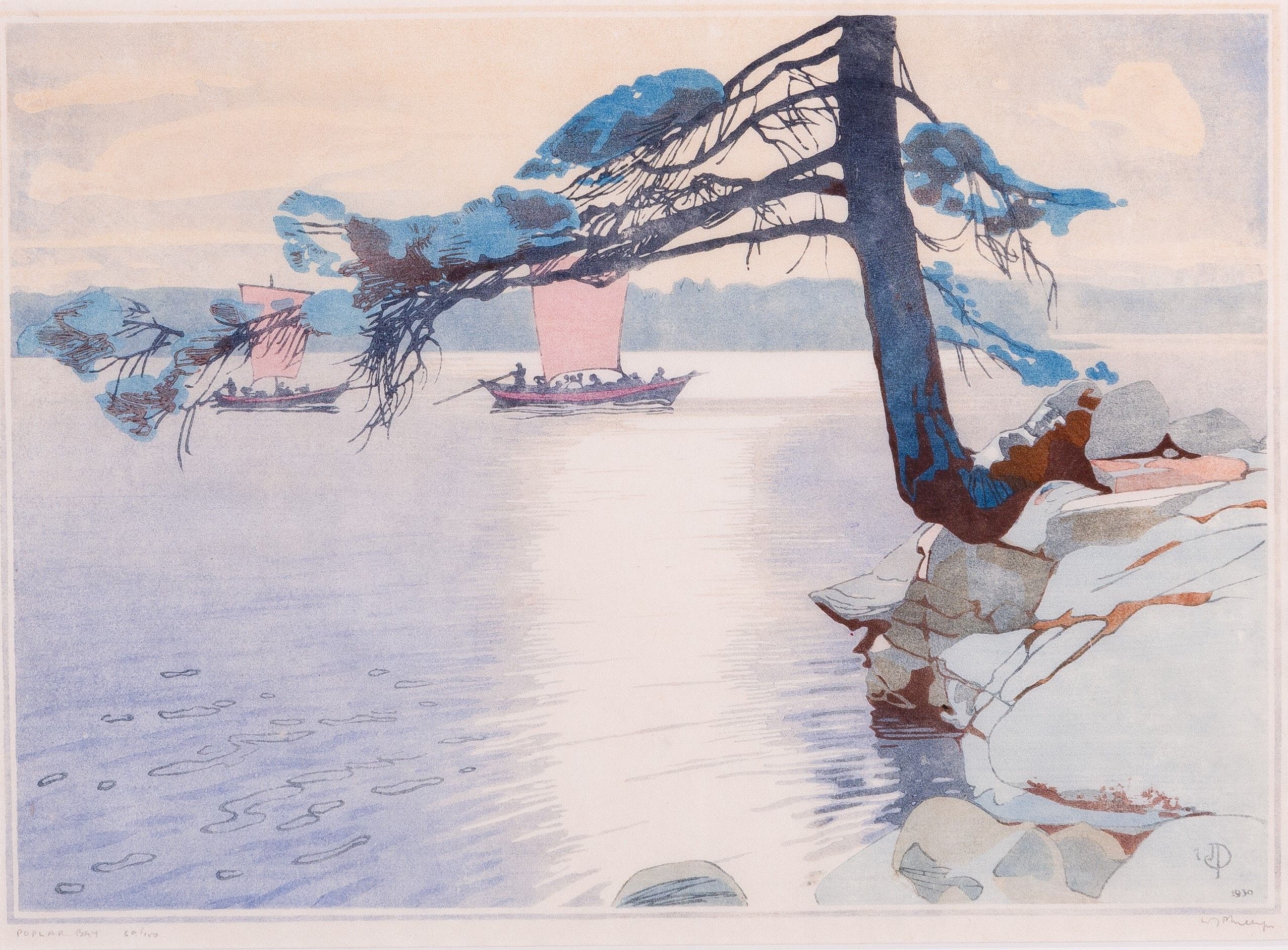 WalterJosephPhillips1930PoplarBayLakeOfTheWoods60 100ColourWoodblockonPaper9.25x13incropped