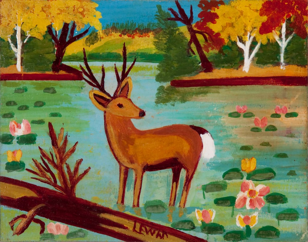 Deer Standing in the Water, (Buck among Waterlilies) by Maud